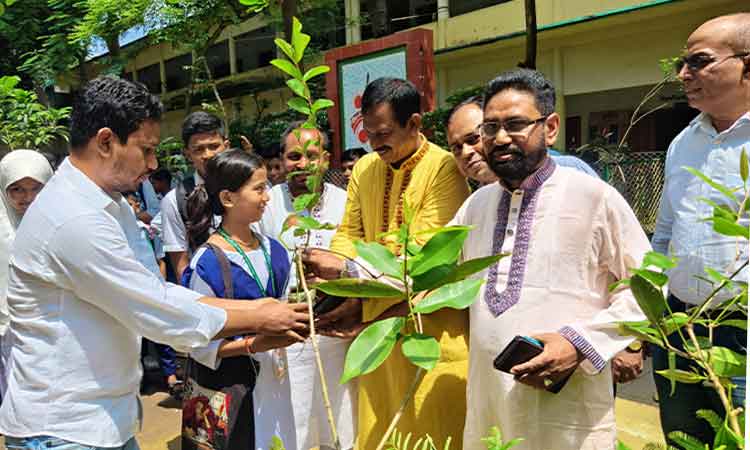 কিশোরগঞ্জে শহীদ জিয়ার স্মৃতিবিজড়িত স্কুলে শিক্ষার্থীদের মধ্যে গাছের চারা বিতরণ